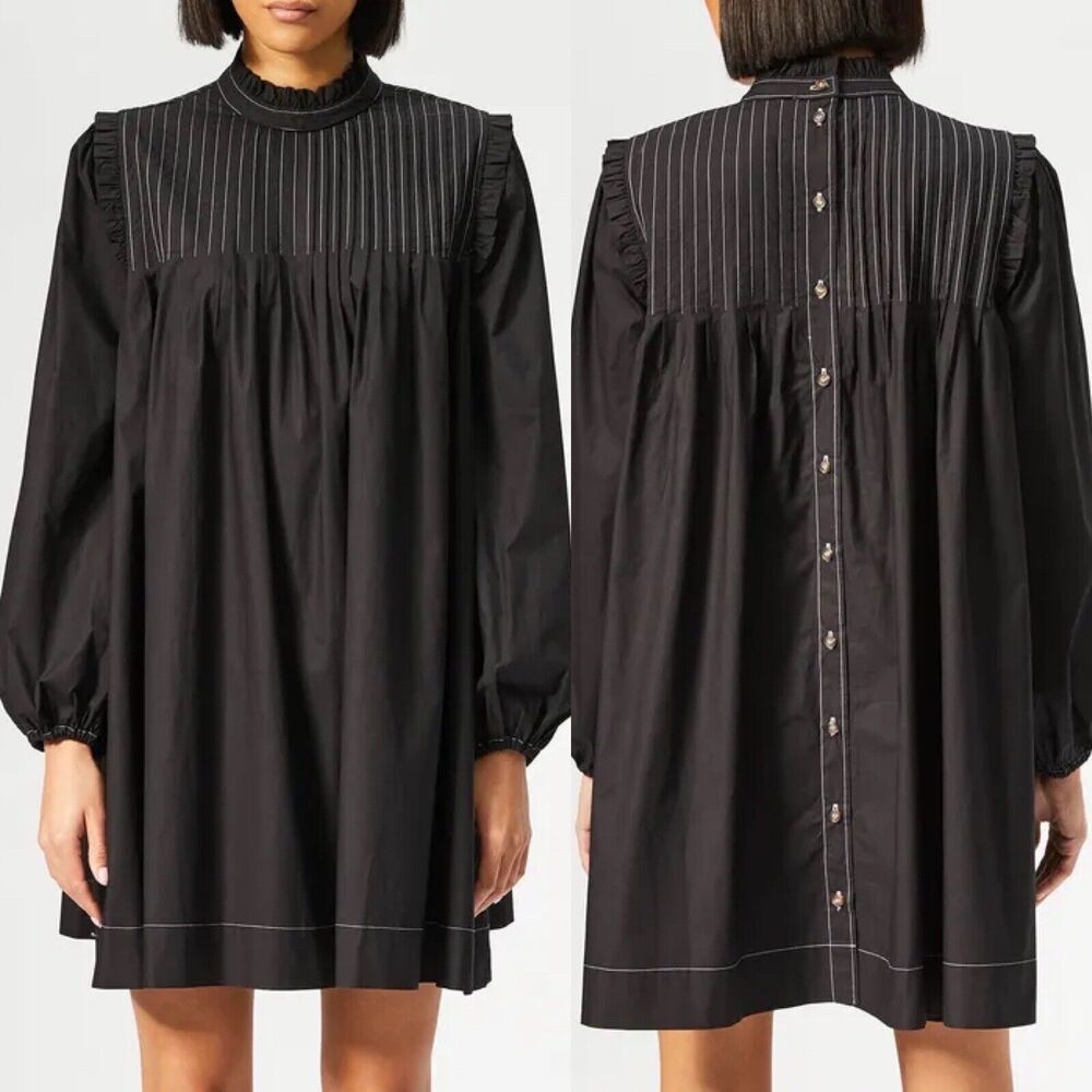 Ganni Women's Black Pintucked Cotton-Poplin Contrast Stitch Dress Size 36 Small